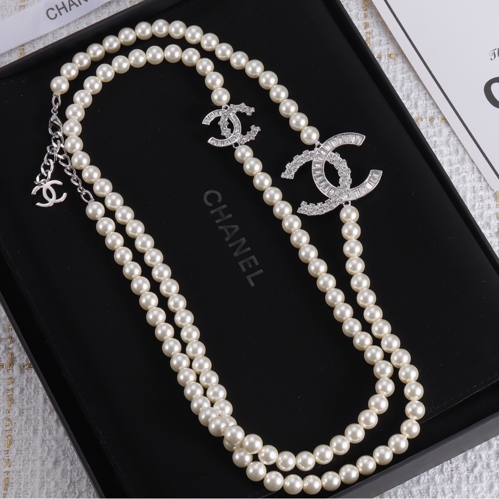 Chanel Pearl Double-Strand Necklace with Crystal CC Accents in Pearl White